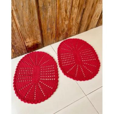 Imagem de Kit 2 Tapetes Oval P 55cm x 40cm Colorido Crochê Artesanal (Vermelho)