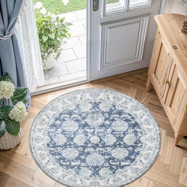 Imagem de jinchan Tapete redondo de 1,5 m – círculo de corredor vintage interno 1,5 m lavável – impressão floral envelhecida ultramacia pequena antiderrapante para sala de estar, sala de jantar, quarto, entrada
