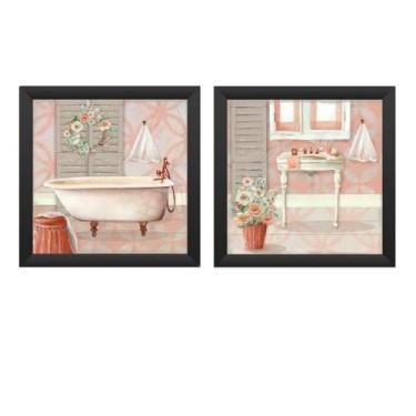 Imagem de Kit 2 Quadros Decorativos Banheiro, toalete, lavabo, Salmão 2 MOLDURA EM MADEIRA COM VIDRO (Preto)
