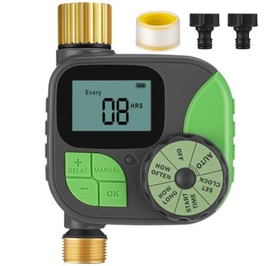 Imagem de Kingdder Temporizador de água, temporizador de irrigação com entrada e saída de latão, torneira programável de mangueira de jardim com atraso de chuva/manual/sistema de irrigação automático para