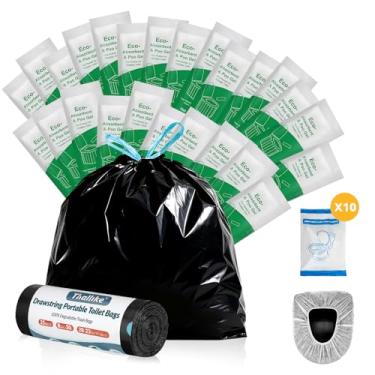 Imagem de Conjunto de sacos sanitários portáteis, sacos de sanita de acampamento com cordão de 8 galões com gel absorvente portátil e assento de vaso sanitário descartável, sacos de penico espessos compostáveis