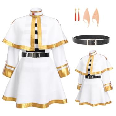 Imagem de DAZCOS Frieren Costume Elf Cosplay White Cape Skirt Uniform with Pantyhose Belt Ears Halloween Outfit (X-Small)