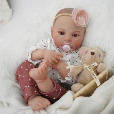 Imagem de Brastoy Bebê Reborn Boneca Menina de Silicone Original Pintado Realista 48cm Olhos Castanhos Com Urso