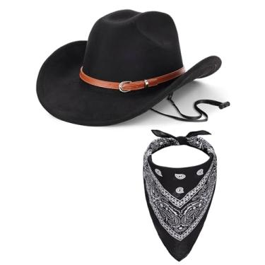 Imagem de Ibeauti Chapéu de cowboy com franjas, conjunto de bandana para mulheres, chapéu de vaqueira ocidental de aba larga, cachecol Paisley, Tecido de camurça preto, M