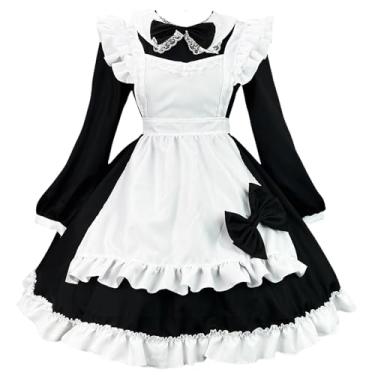 Imagem de Yejue Vestido para meninas japonesas, preto, branco, manga comprida, vestido de bolha, saia Lolita, avental de Halloween, cosplay