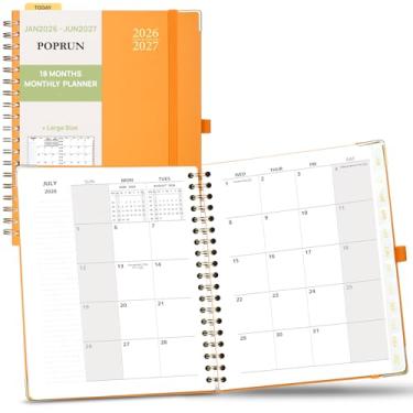 Imagem de POPRUN Agenda mensal 2026-2027 capa dura espiral (20 cm x 25 cm), calendário de 18 meses (janeiro de 2026 a junho de 2027) - 2 páginas por mês com páginas pontilhadas, início de domingo, aba laminada