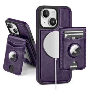 Imagem de SkyEagle Capa carteira compatível com MagSafe iPhone 14 Plus com suporte para AirTag, 2 em 1, couro sintético, magnético, destacável com bloqueio de RFID, suporte para cartão de crédito, capa flip com