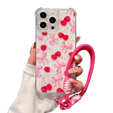 Imagem de Gepuli Capa de telefone de designer para iPhone 16 Pro Max, laço rosa estético cereja [cantos reforçados antichoque] [TPU macio transparente antiamarelamento] com cordão de mão para mulheres e meninas