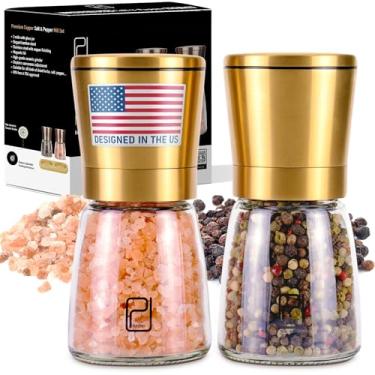 Imagem de Conjunto de moedores de sal e pimenta dourados – Moedor de sal dourado e pimenteiro – Moedores de pimenta de latão recarregáveis – Espessura ajustável – sal marinho, milho de pimenta preta