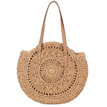 Imagem de SHAREYOIU Bolsa feminina de ombro redonda de palha para férias de praia grande bolsa de mão de tecido feita à mão para o verão, Marrom