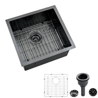 Imagem de Xiiwin Pia de barra de cozinha de 50,8 cm, montagem inferior, 50,8 x 43,2 cm, estação de trabalho, calibre 16, tigela única pequena com acessórios, aço inoxidável, preto