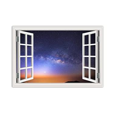 Imagem de Impressão em tela para parede janela céu estrelado 3D falsa janela vista paisagem pintura natureza imagem impressão em tela arte de parede para sala de estar 70x105 cm 27.7x104.1 cm sem moldura