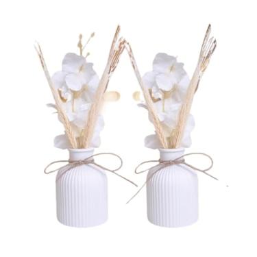 Imagem de Kit 2 Arranjos Com Vasos de Gesso Planta Artificial Decorativa (Flor branca/trigo)