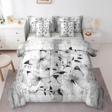 Imagem de Erosebridal Conjunto de cama casal com estampa de borboleta cinza, 7 peças, pintura a óleo abstrata, rústico, casa de fazenda, conjunto de edredom com lençóis, cinza e branco