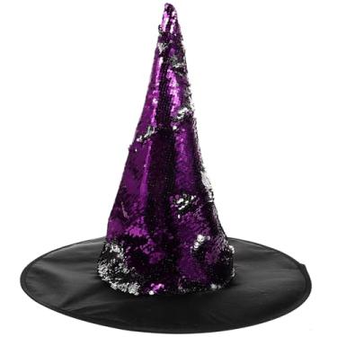 Imagem de TOYANDONA Chapéu de Bruxa Com Lantejoulas - Chapéu de Bruxa Roxo para Halloween para Mulheres, Acessório para de Festa de Máscaras