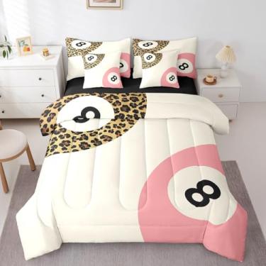 Imagem de Manfei Jogo de cama com 7 peças, estampa de pele de guepardo marrom e leopardo, jogo esportivo moderno de bolas de bilhar (edredom + elástico + lençol de cima + fronhas + fronhas de travesseiro
