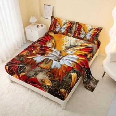 Imagem de AILONEN Jogo de lençol Queen com borboleta a óleo, estampa de borboleta colorida, para decoração de quarto, 4 peças, 1 lençol de cima + 1 lençol com elástico + 2 fronhas