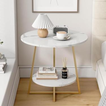 Imagem de Mesa de centro requintada para sala de estar, mesa lateral de 2 níveis, mesa de cabeceira com tampo de efeito de mármore e prateleira de armazenamento, mesas de canto redondas modernas para escritório