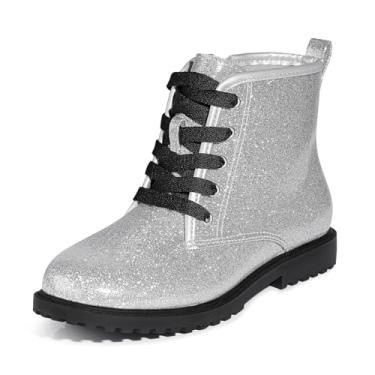 Imagem de Botas de tornozelo com glitter para meninas, sapatos de combate à prova d'água com zíper lateral para crianças/criança pequena/criança grande, Prata, 13 Little Kid