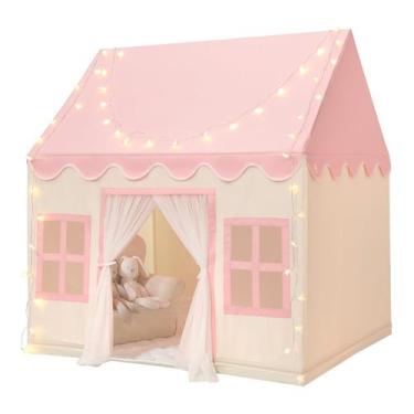 Imagem de Tenda de jogos Wilwolfer Pink Kids com tapete acolchoado e luzes estel