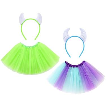 Imagem de Maiteenly Conjunto de 4 peças de acessórios de fantasia de monstro de Halloween com orelhas de urso, saia tutu para mulheres, Halloween, cosplay, festa, azul, verde
