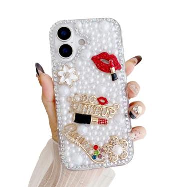 Imagem de iFiLOVE Capa para celular 17 Bling Diamond Pearl, batom 3D, fofo, luxuoso, brilhante, cristal, strass, flor, beijo, lábios, grily, capa para celular para meninas, mulheres e crianças