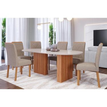 Imagem de Conjunto: Mesa Sala Jantar Ester Tampo Madeirado Oval c/ Vidro 210x100cm e 6 Cadeiras Fernanda Cinamomo/Off White - Nature-Madeirado/Linho Be - Cimol