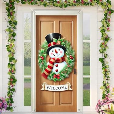 Imagem de BlissYard Capa de porta de Natal, guirlanda de boneco de neve, decoração de férias, tecido de poliéster, 89 x 188 cm, festivo, bem-vindo, Natal, pendurar na parede, faixa de porta para festa em casa