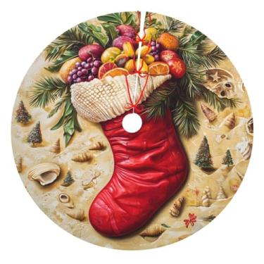 Imagem de Saia de árvore de Natal de 91 cm, design de conchas de praia, saia redonda com alças de amarrar