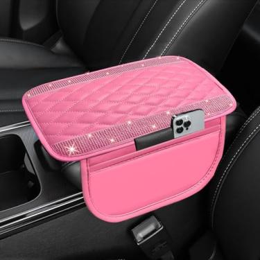 Imagem de NBTEPEM Capa de console central de carro brilhante, almofada de couro rosa para descanso de braço de carro com 2 sacos de armazenamento, caixa de armazenamento universal de proteção de apoio de braço
