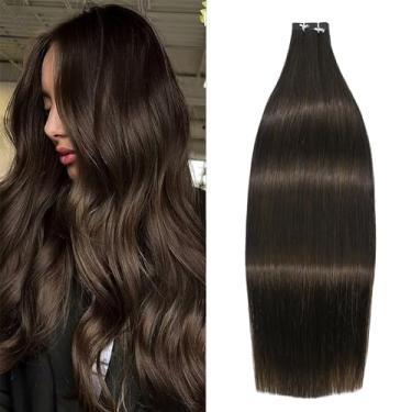 Imagem de WindTouch Extensões de cabelo humano com fita adesiva para mulheres, fita dupla face, trama lisa, extensões de cabelo castanho escuro, 40 cm, 100% cabelo humano real #2, 50 g, 20 peças por conjunto