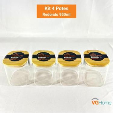 Imagem de Kit 4 Potes De Vidro Hermético Quadrado Tampa De Bambu 950ml - VGHome