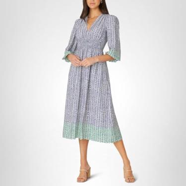 Imagem de Shoshanna Vestido feminino de viola com estampa chevron pincelada, Azul-marinho/verde/marfim, 9