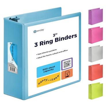 Imagem de Fichário de 7,6 cm com 3 argolas azuis, anel em D inclinado, capa transparente de 7,6 cm com 2 bolsos internos, material escolar colorido resistente, fichários de escritório e casa – por Enday