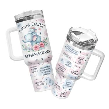 Imagem de 34HD Copo Elephant Mom 1,134 g com alça e canudo, caneca de café isolada de aço inoxidável, presentes de dia das mães, caneca de viagem para mamãe