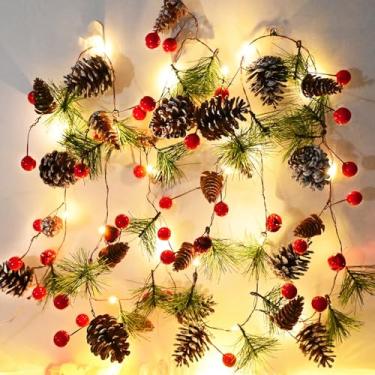 Imagem de PALONMY Guirlanda de pinheiro com luzes de 20 LEDs, luzes de Natal operadas por bateria com frutas vermelhas e pinhas para janelas domésticas e escadas de lareira