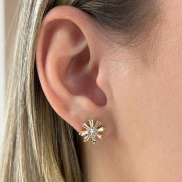 Imagem de Brinco Flor Pétalas Baguete Zircônia Cristal Banhado em Ouro 18k - Ana