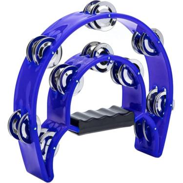 Imagem de Pandeiro portátil com jingles de fileira dupla – Moldura de plástico ABS durável, alça fácil de segurar – Instrumento de percussão para crianças, adultos, sala de aula e adoração – azul