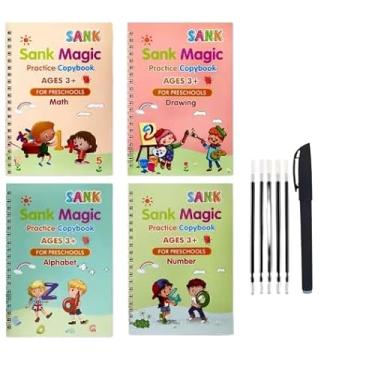 Imagem de Kit 4 Cadernos Caligrafia Mágica Reutilizável | Caneta Hidrográfica | Treino de Letra Cursiva e Bastão | Presente Educativo Infantil