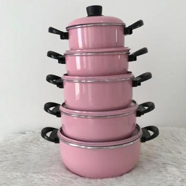 Imagem de Jogo de Panelas 5 Peças em Alumínio Antiaderente com Tampas de Vidro e Cabos Antitérmicos (Rosa,TPA)