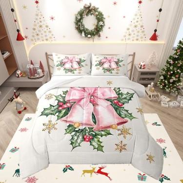 Imagem de Conjunto de edredom casal com sino rosa, folhas de azevinho, para adultos, adolescentes, edredom dourado com floco de neve, conjunto de colcha de luxo com tema de Natal, 3 peças