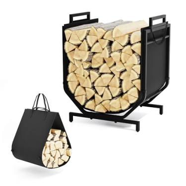 Imagem de Wantfly Rack de lenha para uso externo e interno com suporte de lenha de lona, pequeno suporte de madeira, resistente, resistente e impermeável, organizador de lenha para decoração de lareira