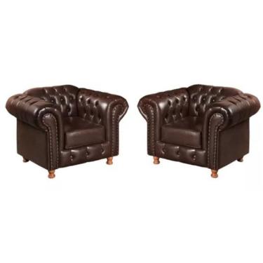Imagem de Kit 2 Poltronas Chesterfield Luís Xv Vintage Retrô Capitonê Couro Marrom