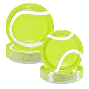Imagem de Greencian 100 peças de pratos de papel para festa de tênis 23 cm e 18 cm descartáveis, bola de tênis, tema de bola esportiva, pratos de sobremesa, utensílios de jantar esportivos, lembrancinha para