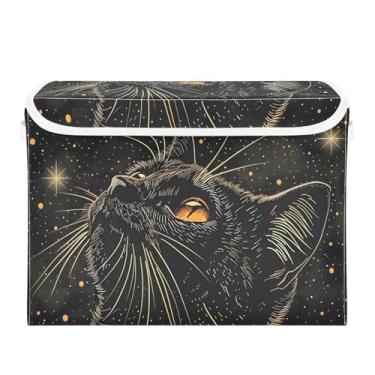 Imagem de senya Grandes caixas de armazenamento com gato estrelado de linho, cubos de armazenamento dobráveis, organizadores de armário, caixa com tampa flip-top para casa, quarto, escritório, 42 x 32 x 30 cm