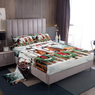 Imagem de Jogo de lençol King com cavalo ocidental, árvore de Natal, animais de fazenda rústica, decoração de quarto de crianças, meninos, meninas, adolescentes, lençol de cima, 2 fronhas
