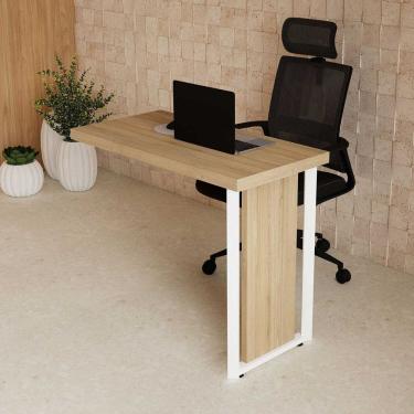 Imagem de Mesa Auxiliar Escritório 90x120cm de Acoplar Direita e Esquerda Pés Metal Industrial Executive Macadâmia / Branco