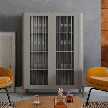 Imagem de Cristaleira com 2 Portas 98,5cm Vidro Canelado Pés em Metal Bend Grigio / Dourado