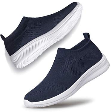 Imagem de vibdiv Tênis de caminhada feminino, casual, leve, confortável, respirável, sem fecho, Zapatillas de Mujer, Azul-marinho, branco, 37