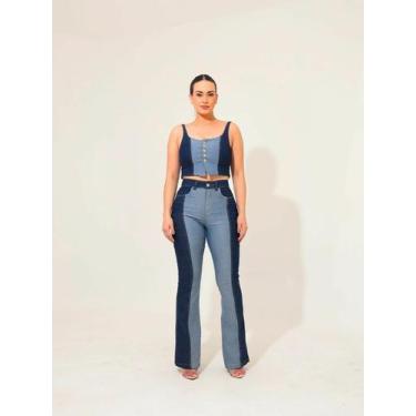 Imagem de Calça Feminina Jeans Lycra Flare Bicolor Cintura Alta Razon Jeans, 42,